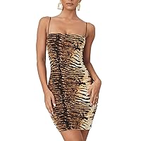 Women's Bodycon Mini Dress Elegant Spaghetti Strap Leopard Print Dress Evening Cocktail Club Party Dresses
