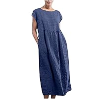 Womens Summer Casual Cotton Linen Dress Baggy Long Maxi Dress with Pockets Sleeveless Crewneck Loose Comfy Beach Sun Dresses