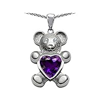 Sterling Silver Love Bear Holding Birthstone 8mm Heart Shape Pendant Necklace