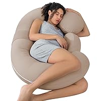 QUEEN ROSE Cooling Pregnancy Pillows - E Shaped Pregnancy Pillows for Sleeping, Detachable Body Pillow for Pregnant Side Sleeper, Cooling Silky Cotton Cover, Brown
