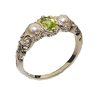 18k White Gold Real Genuine Peridot & Cultured Pearl Womens Band Ring