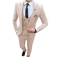 Fashion Men's Suits Slim Fit 3 Pieces Prom Tuxedos Notch Lapel Groomsmen Wedding (Blazer+Vest+Pants) Beige