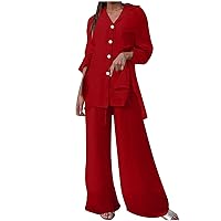 Women's 2 Piece Outfits Cotton Linen Sets Slit Hem Longline Blouses and Wide Leg Pants Set Solid Lounge Tracksuit
