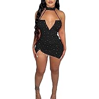 Womens Sexy Sleeveless Halter Mesh Rhinestone Bodycon Party Clubwear Mini Dress
