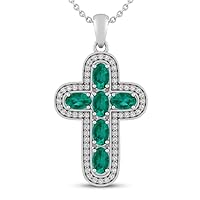 14k White Gold Finish Alloy Oval Cut Emerald & Cubic Zirconia Cross Pendant Necklace 18