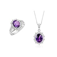 Rylos Women's Sterling Silver Princess Diana Ring & Pendant Set. Gemstone & Diamonds, 9X7MM Birthstone. Matching Friendship Jewelry, Sizes 5-10.