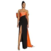 Women's Satin Tube Top Prom Dress with Slit Long Sheath Column Formal Evening Dress with Bow