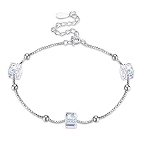 Zolkamery Bracelets for Women, 925 Sterling Silver Crystal Bracelet with 3 Cube Crystal, 17cm + 5cm Adjustable Silver Ball Chain, Friendship Birthday Valentine's Day Best Jewellery Gift for Ladies