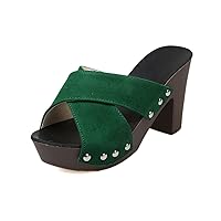 Women's Mule Peep Toe Rivet Thick Heel Slipper Rome Rertro Cross Band Flat Platform Faux Suede Soild Sandals