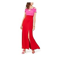 Womens Red Stretch Zippered Cold Shoulder Straight Neck Cutout Front Slit Color Block Short Sleeve Maxi Party Sheath Dress 10