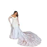 Modest Detachable Train Wedding Dresses with Long Sleeves Mermaid Style Lace Off The Shoulder for Bride Women 2024