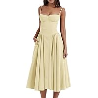 Corset Dress for Women Elegant Sleeveless,Spaghetti Strap Bustier Midi Dress,Flowy Pleated Hem Low Cut Prom Dresses