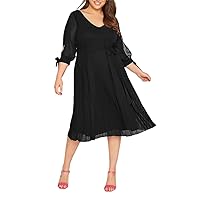Plus Size 3/4 Sleeve V-Neck Formal Party Dress Women Flowy Midi Pleated Dress Evening Dress