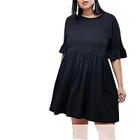 Plus Size Casual Dress Women Half Flounce Sleeve Loose A-Line Dress Solid Cotton Tunic Dress