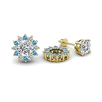 Lab Grown Diamond & Blue Topaz 0.60 ctw Halo Flower Jacket for Stud Earrings 14K Gold