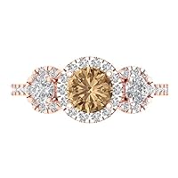 1.72ct Round Cut Halo Solitaire three stone With Accent Brown Champagne Simulated Diamond designer Modern Ring 14k Rose Gold