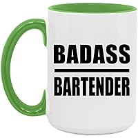 Gifts, Badass Bartender, 15oz Accent Coffee Mug Green Ceramic Tea-Cup with Handle, for Birthday Anniversary Mothers Day Fathers Day Parents Day Party, to Men Women Him Her Friend Mom Dad