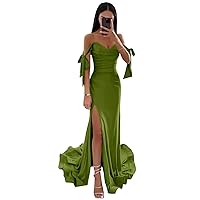 Women's Off Shoulder Satin Prom Dresses Long with Slit Corset Ruched Bridesmaid Dresses Mermaid Formal Evening Gown.