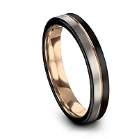 Tungsten Wedding Band Ring 4mm for Men Women 18k Rose Gold Plated Flat Cut Center Line Black Grey Half Brushed Polished