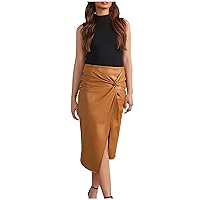 PU Leather Long Skirt for Ladies Twist Front Slim Fit Midi Skirt, Women Split Side Asymmetrical Hem Skirt Solid Color