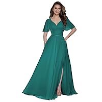 V-Neck Bridesmaid Dresses Long with Sleeves A-Line Chiffon Formal Evening Party Gown with Slit DR0049