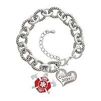 Silvertone Red Fire Department Shield with Axes - Class of 2024 Heart Charm Link Bracelet, 7.25+1.25