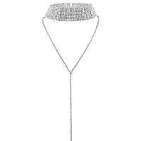Carufin Multi Row Long Necklace Silver Crystal Tennis Chain Rhinestones Choker Necklace Jewelry for Women and Girls (10 rows)