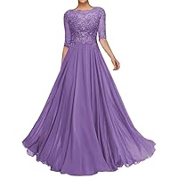 Lace Appliques Mother of The Bride Dresses for Women Chiffon Short Sleeves Long A Line Formal Wedding Evening Gown EDE011