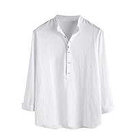 Men Stand Collar Tee Shirt Casual Button Up Long Sleeve T-Shirt Lightweight Linen Tops Plain Athletic Fit Shirts