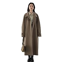 Women's Lace Up Wool Coat, Office Lady Raglan Sleeves Overcoat, Autumn Winter Long Trench Coat with Belt
