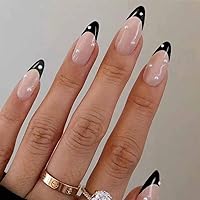 Foccna French Black Press on Nails Medium, Pearl Fake Nails Almond Acrylic False Nails,Artificial Nails for Women and Girls-24pcs