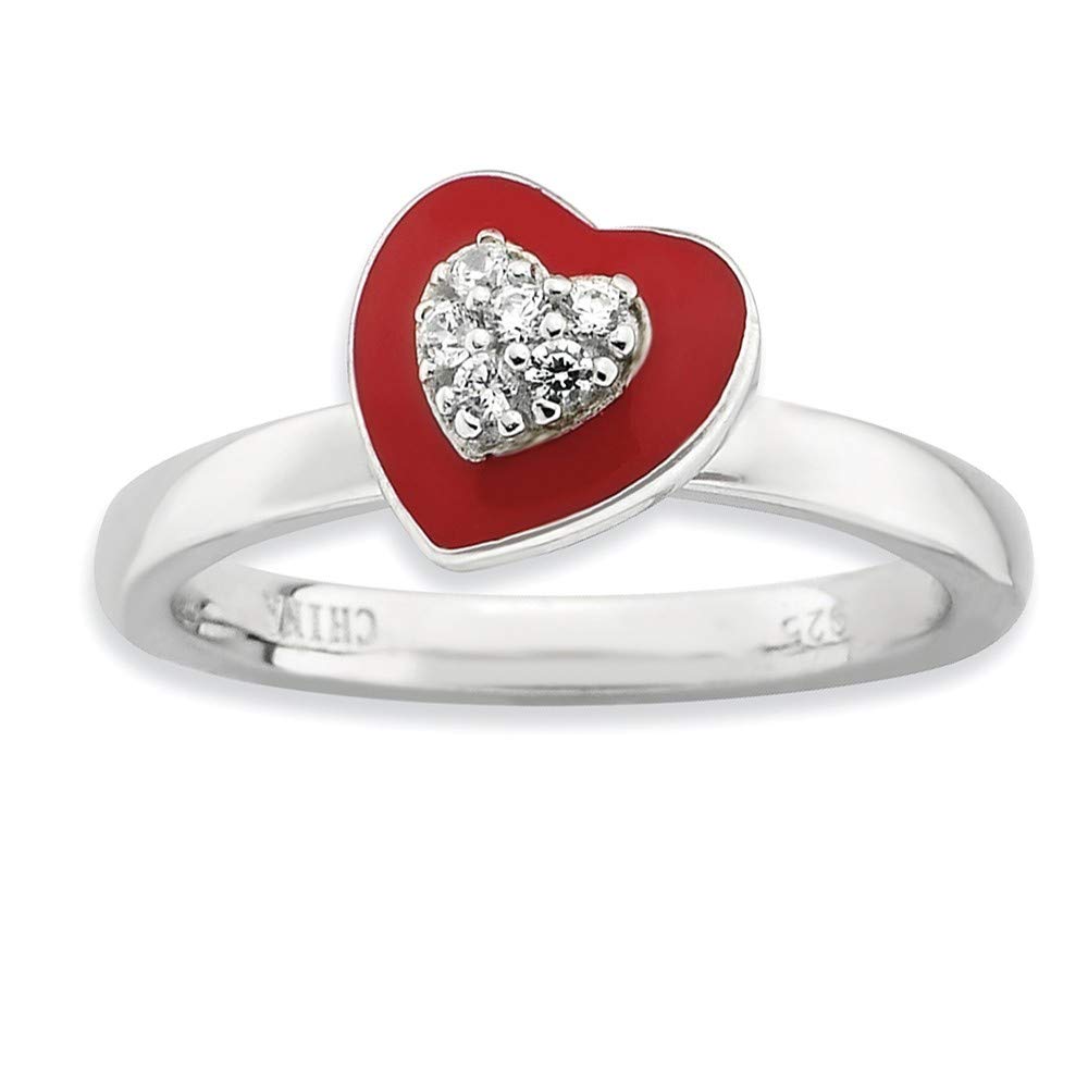 925 Sterling Silver Moveable Red Enamel Stackable Expressions Polished Enameled CZ Cubic Zirconia Simulated Diamond Love Heart Ring Size 7 Jewelry Gifts for Women
