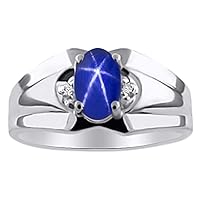 Rylos Mens Rings 14K White Gold - Diamond & Blue Star Sapphire Ring 7X5MM Color Stone Gemstone Rings For Men Mens Jewelry Gold Rings