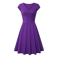 Cocktail Dress for Women Summer Cap Sleeve V Neck Warp Dress Flowy Pleated Flare A-Line Swing Dresss Casual Party Dress