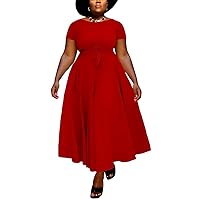 BFFBABY Plus Size Dress A Line Dresses for Women Summer Long Dresses with Sleeve Casual Belted