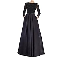 Round Collar Long Sleeves Lace Black Long Evening Dress for Women