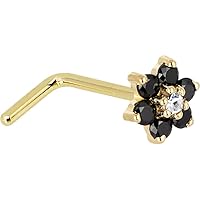 Solid 14k Yellow Gold Black and Clear Cubic Zirconia Flower LShaped Nose Stud Ring 20 Gauge