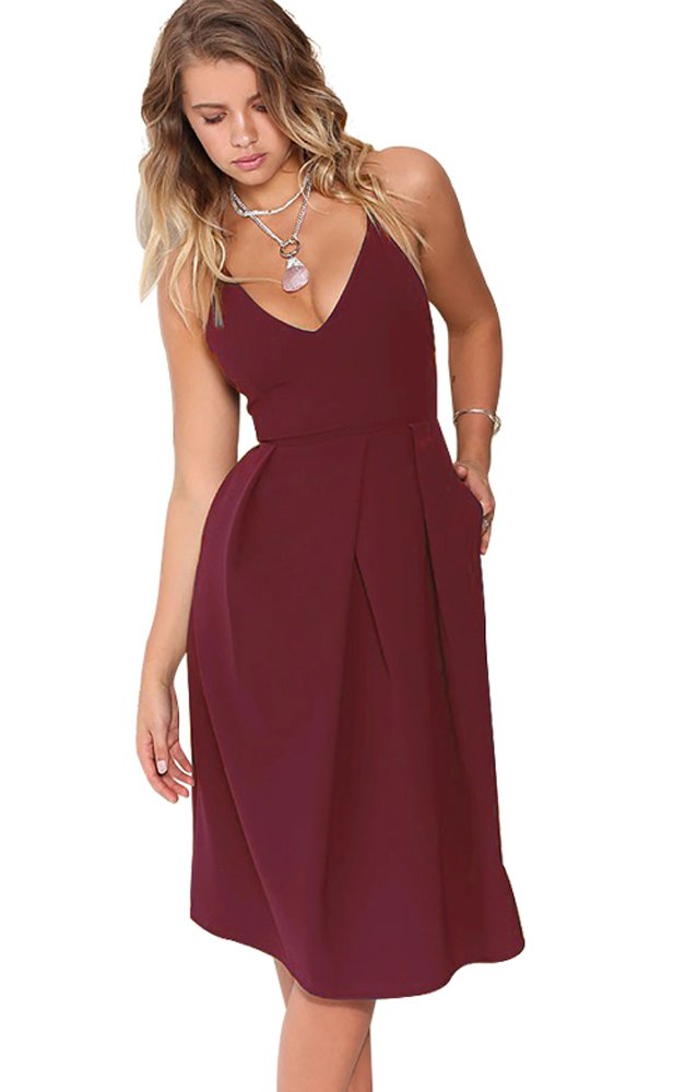 Eliacher Women's Deep V Neck Adjustable Spaghetti Straps Summer Dress Sleeveless Sexy Backless Party Dresses with Pockets