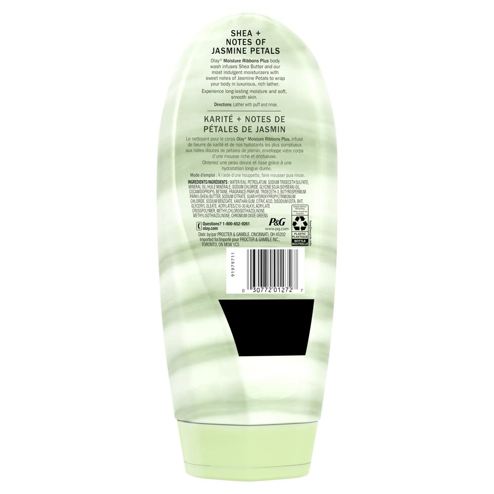 Olay Moisture Ribbons Body Wash with Shea and Notes of Jasmine Petals, 532 mL, White and Green, Pack of 1