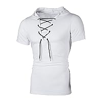 Mens Casual Cotton Lace Up T-Shirts Retro V-Neck Hoodie Short Sleeve Outdoor Sports Hooded Pullover Tee