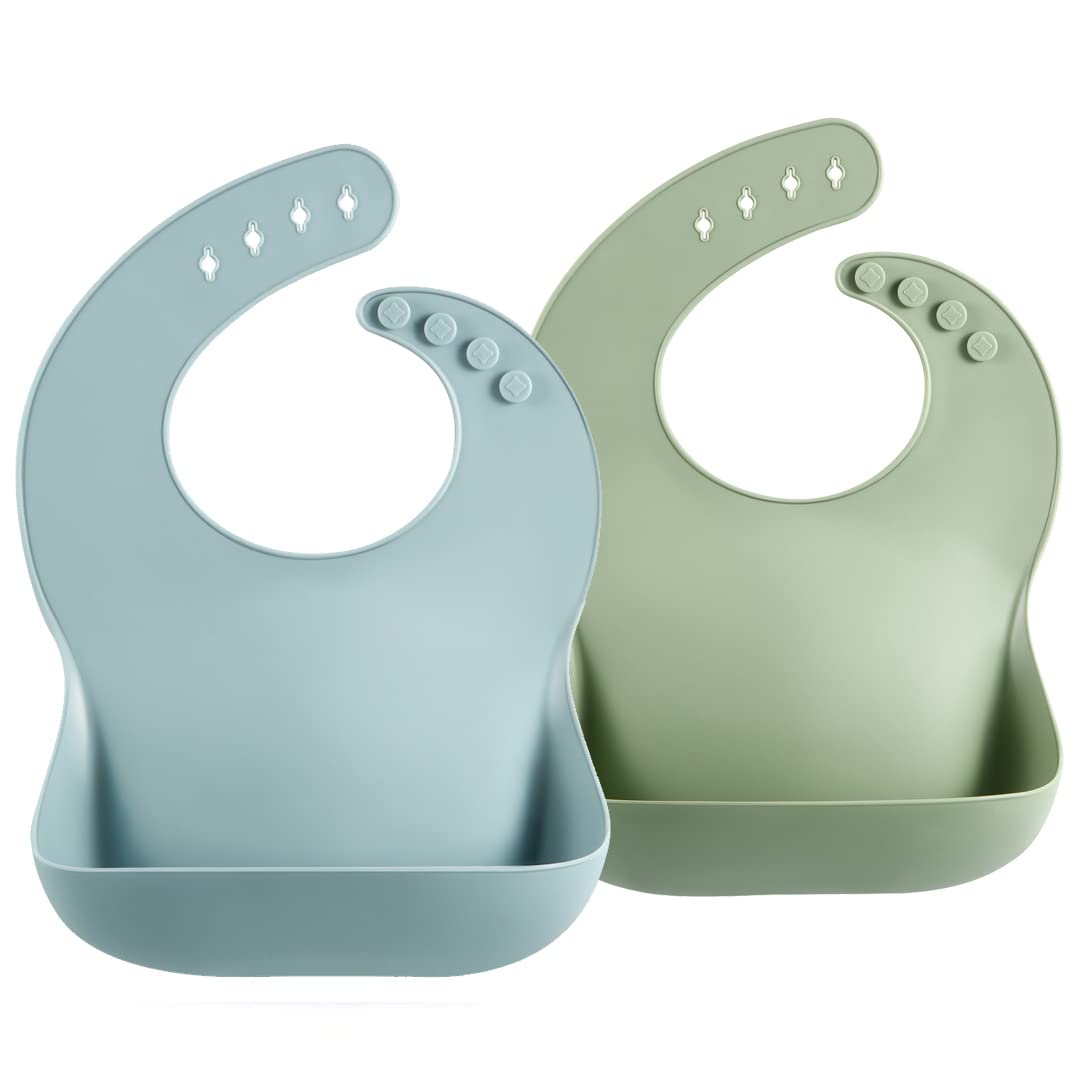 PandaEar Set of 2 Cute Silicone Bibs for Babies & Toddlers (10-72 Months) Waterproof, Soft, Unisex - Blue/Green