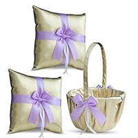 Gold & Violet/Lilac/Lavender Wedding Ring Bearer Pillow and Flower Girl Basket Set – Satin & Ribbons – Pairs Well with Most Dresses & Themes – Splendour Every Wedding Deserves