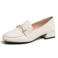 Women's Quilted Square-Toed Low Block Heel Loafers Rhinestone-Studded Heart Office Lady Slip-on Shoes
