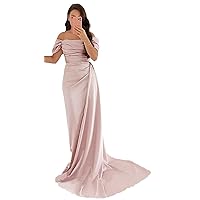 Women's Off The Shoulder Silk Satin Bridesmaid Dresses Long Formal Sexy High Split Prom Dresses for Women