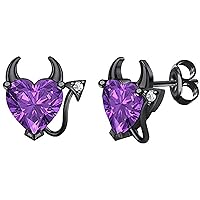 Created Heart Cut Purple Amethyst 925 Sterling Silver 14K Gold Over Diamond Devil Heart Stud Earring for Women's & Girl's