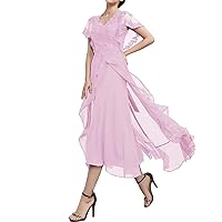 Mother of The Bride Dresses for Wedding Short Sleeves Laces Applique Pleated Chiffon Evening Party Gown for Women