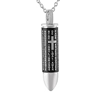 Stainless Steel Lord's Prayer Cross Cremation Urn Bullet Pendant Necklace for Men Women, Black Silver Color