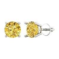 4.1 ct Brilliant Round Cut Solitaire VVS1 Yellow Simulated Diamond Pair of Stud Earrings Solid 18K White Gold Screw Back