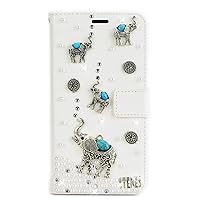 Crystal Wallet Phone Case Compatible with Samsung Galaxy S21 Ultra 5G - Elephant Retro - White - 3D Handmade Sparkly Glitter Bling Leather Cover with Screen Protector & Neck Strip Lanyard