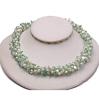 Multi Strand Necklace 5-6mm Natural White Flat Freshwater Pearl and Blue Crystal Chips Opera Necklace
